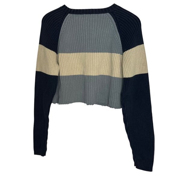 Structure Women's L Ribbed Knit Crop Sweater Multi Blue Chunky‎ Stripe Nautical - Picture 4 of 5
